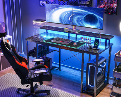 Coleshome Gaming Desk with LED Lights, 120x50 cm Computer desk with Power Outlets, Gaming PC Table with Monitor Stand, Storage Shelves, CPU Stand, Carbon Fiber Black
