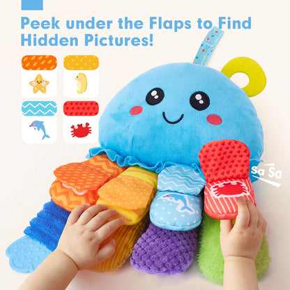 hahaland 8-in-1 Tummy Time Sensory Toy - 3+ Months Baby Rattle, Mirror & Teether Plush Toy - 0-12M Newborn Gift for Boys & Girls, Washable Soft Fabric, Octopus Montessori Toy