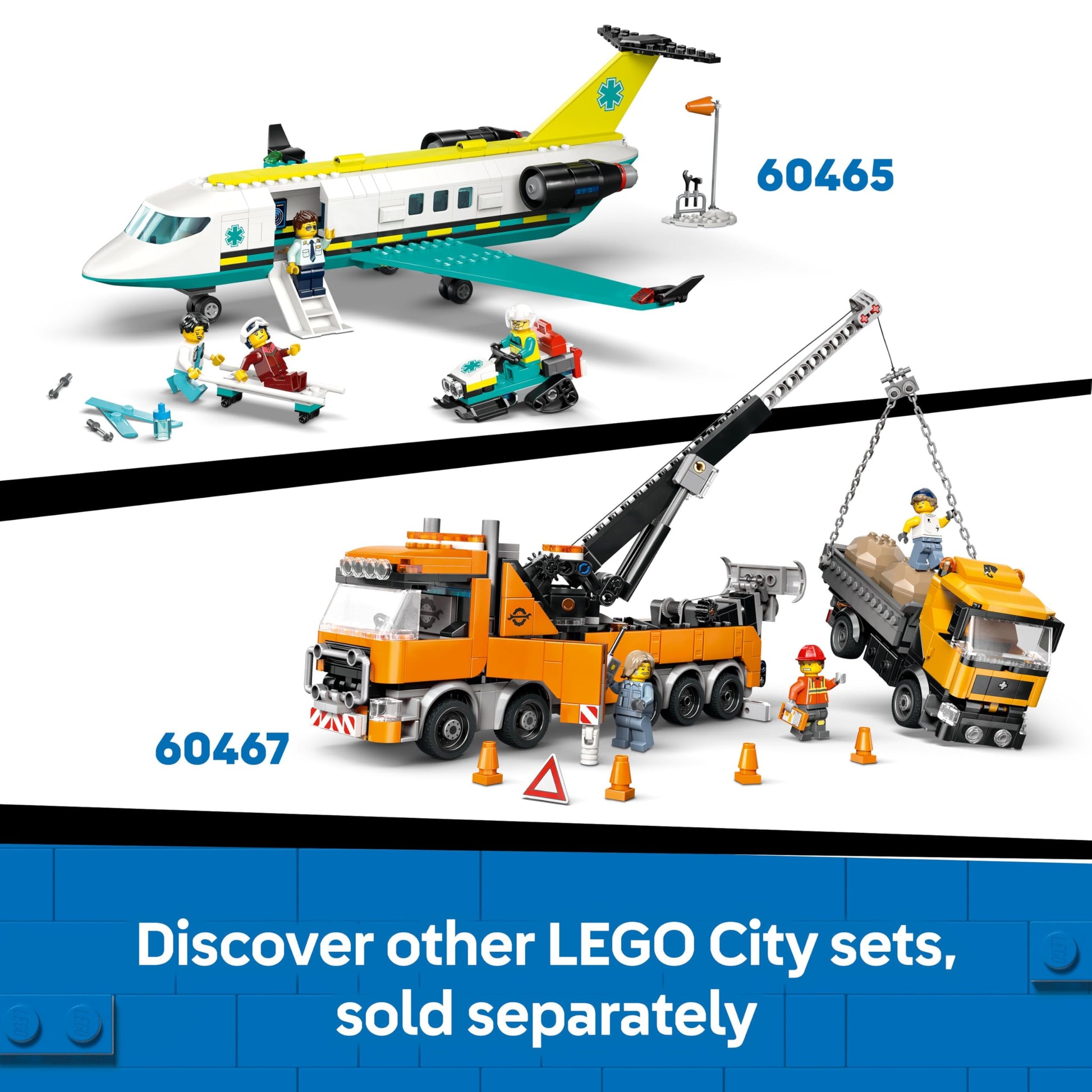 LEGO City yellow bulldozer building set with three minifigures, loose bricks, and road signs for construction play.
