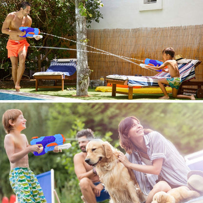 Kiztoys water gun toys for kids, 2-pack with large 1200ml capacity and 33ft range, suitable for summer water play in garden or beach.