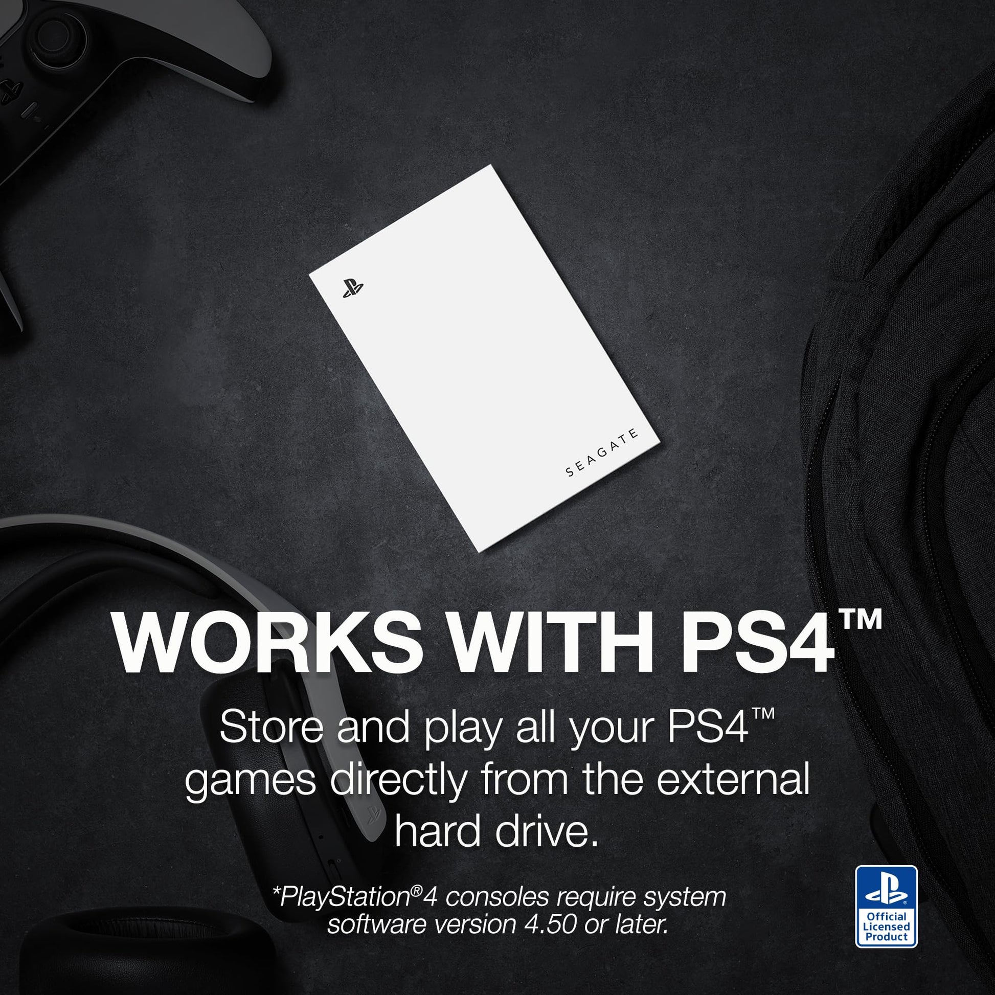 Seagate 5TB Game Drive for PS4/PS5 external HDD with blue LED, USB 3.0, officially licensed, shown with packaging.