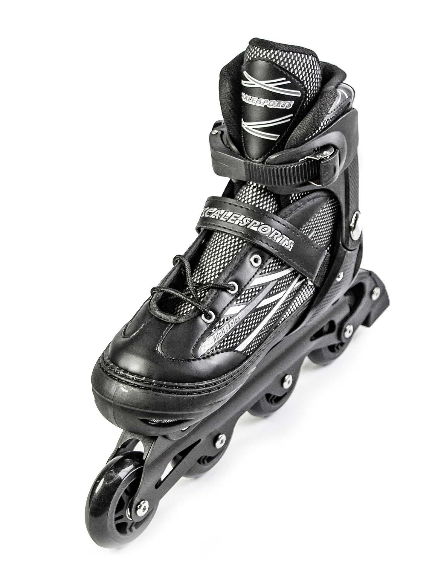 Black Scale Sports adjustable inline roller skates for adults and teens, size XL (41-44 UK 7.5-9.5), with black boot and wheels