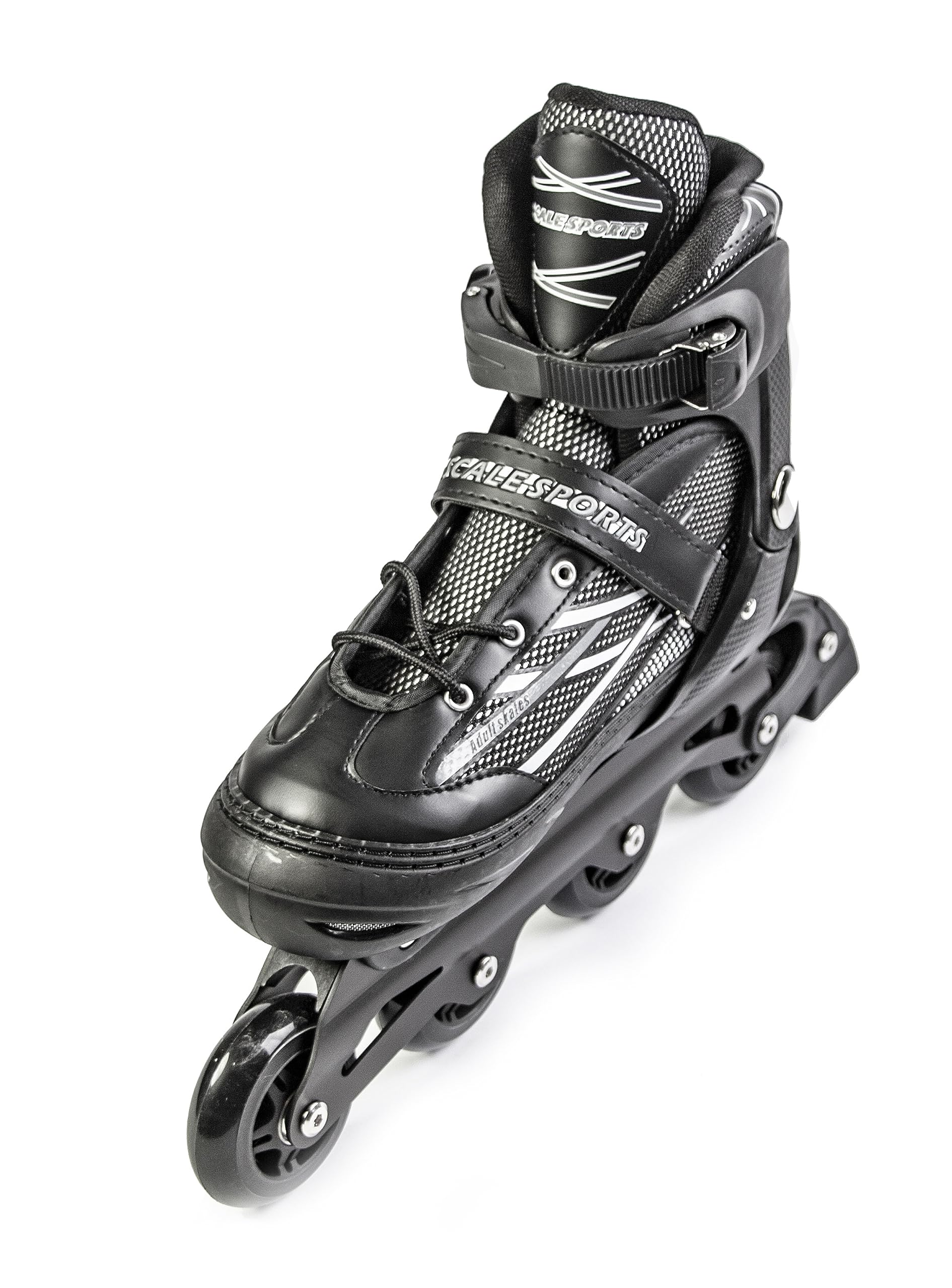 Black Scale Sports adjustable inline roller skates for adults and teens, size XL (41-44 UK 7.5-9.5), with black boot and wheels