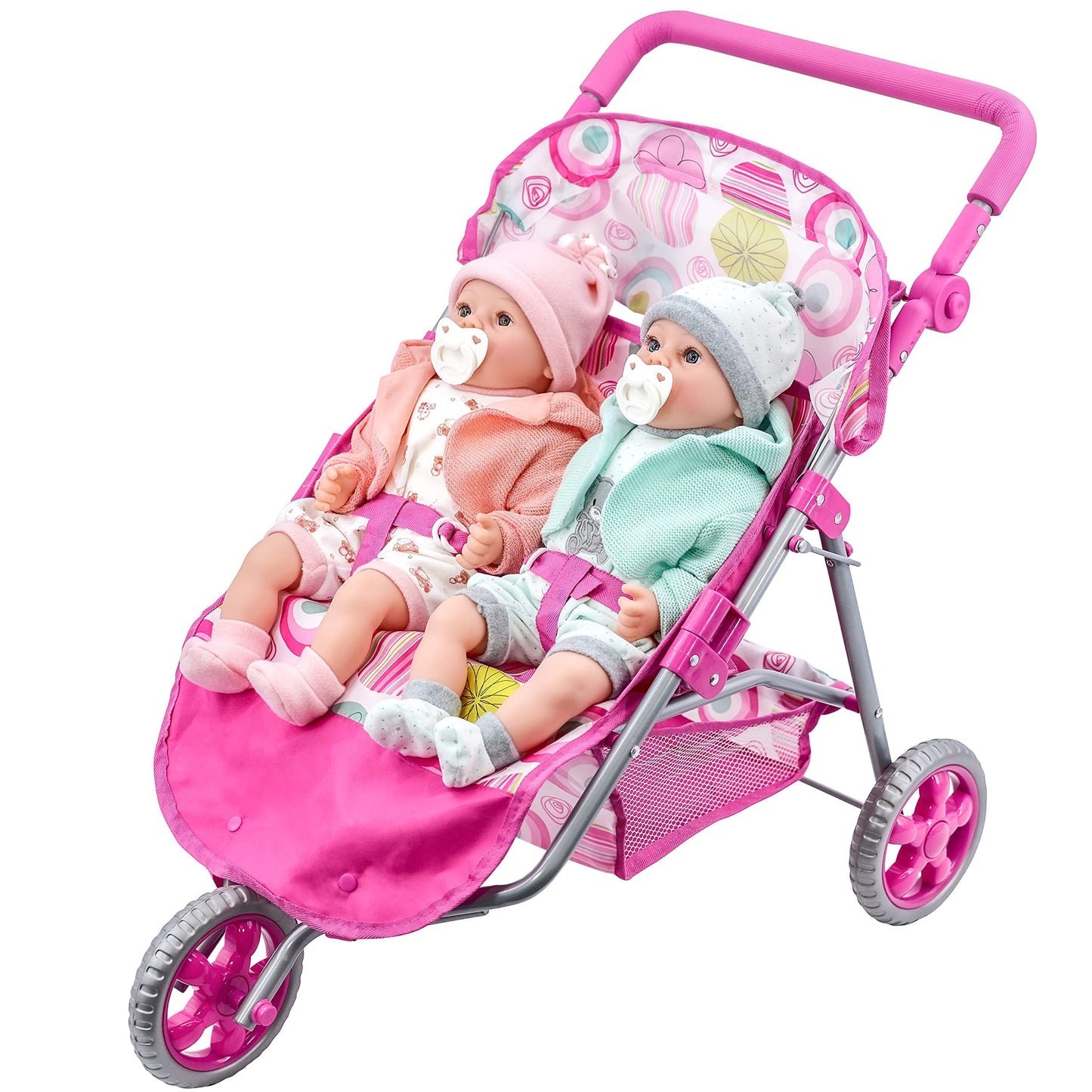The Magic Toy Shop BiBi Doll Pink Twin Stroller, Ideal Twin Dolls Prams and Pushchairs - Adjustable Canopy and Handle, Under Storage Space, Collapsible - Dolls Double Buggy Toy Pram Double Dolls Pram