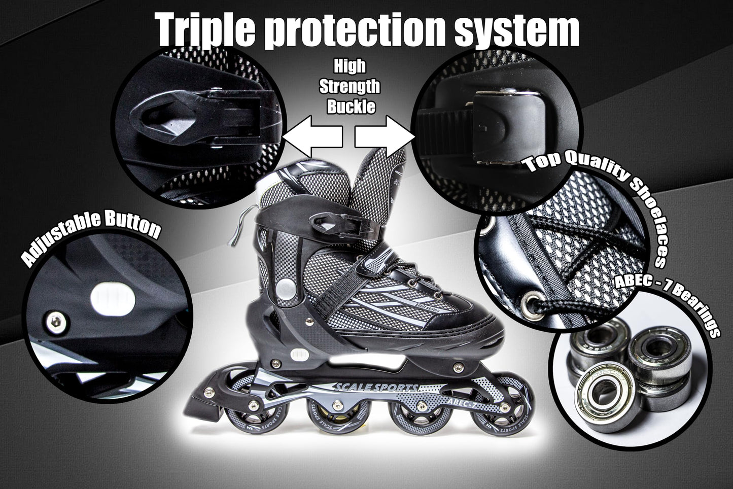 Black Scale Sports adjustable inline roller skates for adults and teens, size XL (41-44 UK 7.5-9.5), with secure lacing and wheels.