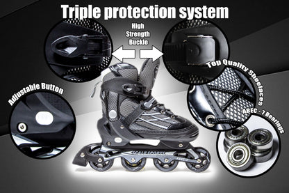 Black Scale Sports adjustable inline roller skates for adults and teens, size XL (41-44 UK 7.5-9.5), with secure lacing and wheels.