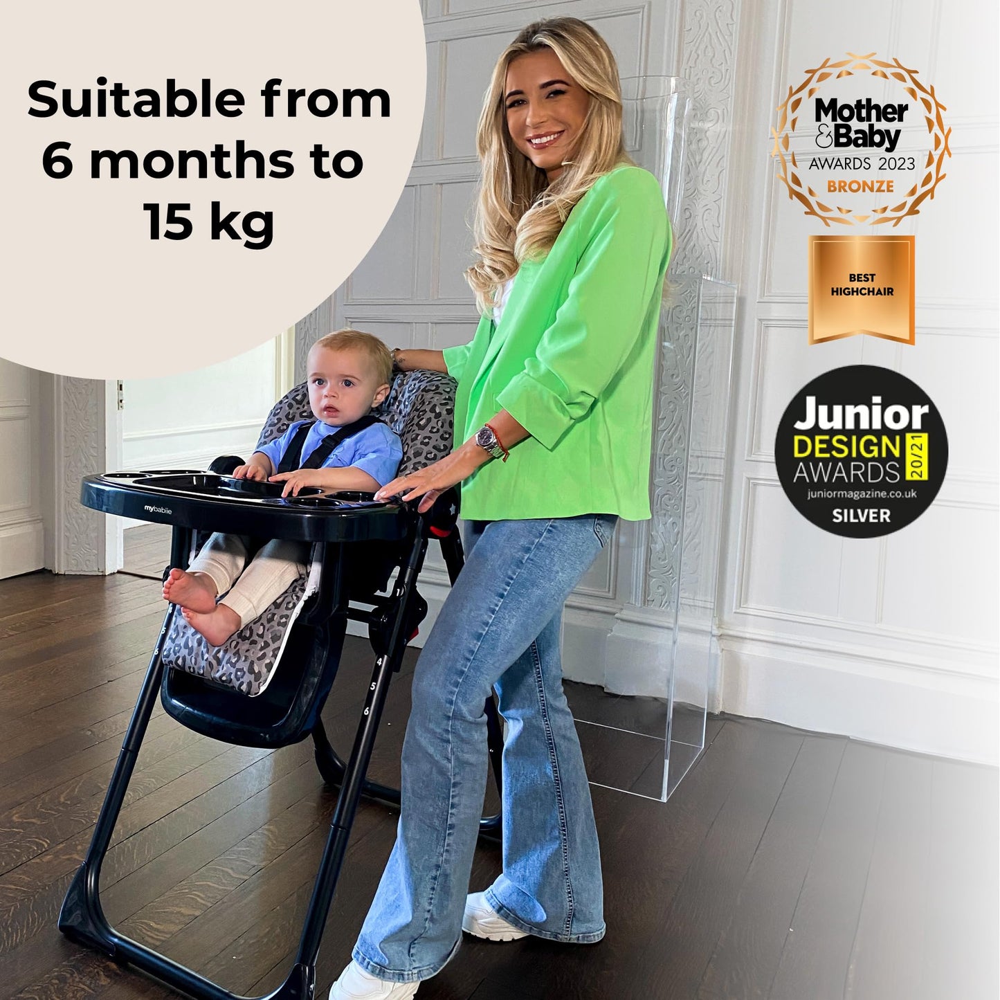 My Babiie MBHC8 Premium Highchair – Adjustable, 3 Recline Positions, 6 Height Settings, Removable Tray, Padded Seat, Foldable, for Toddler, from 6 Months to 3 Years (15kg) – Black Leopard