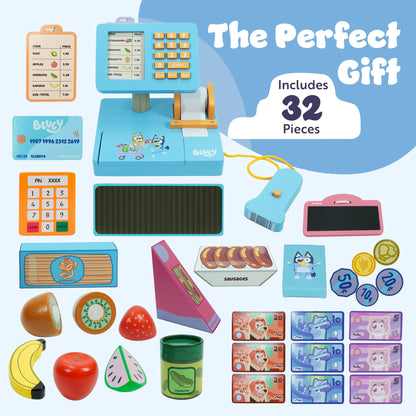 Bluey pretend play cash register with scanner, play money, food accessories, credit card, and interactive sound features for kids.