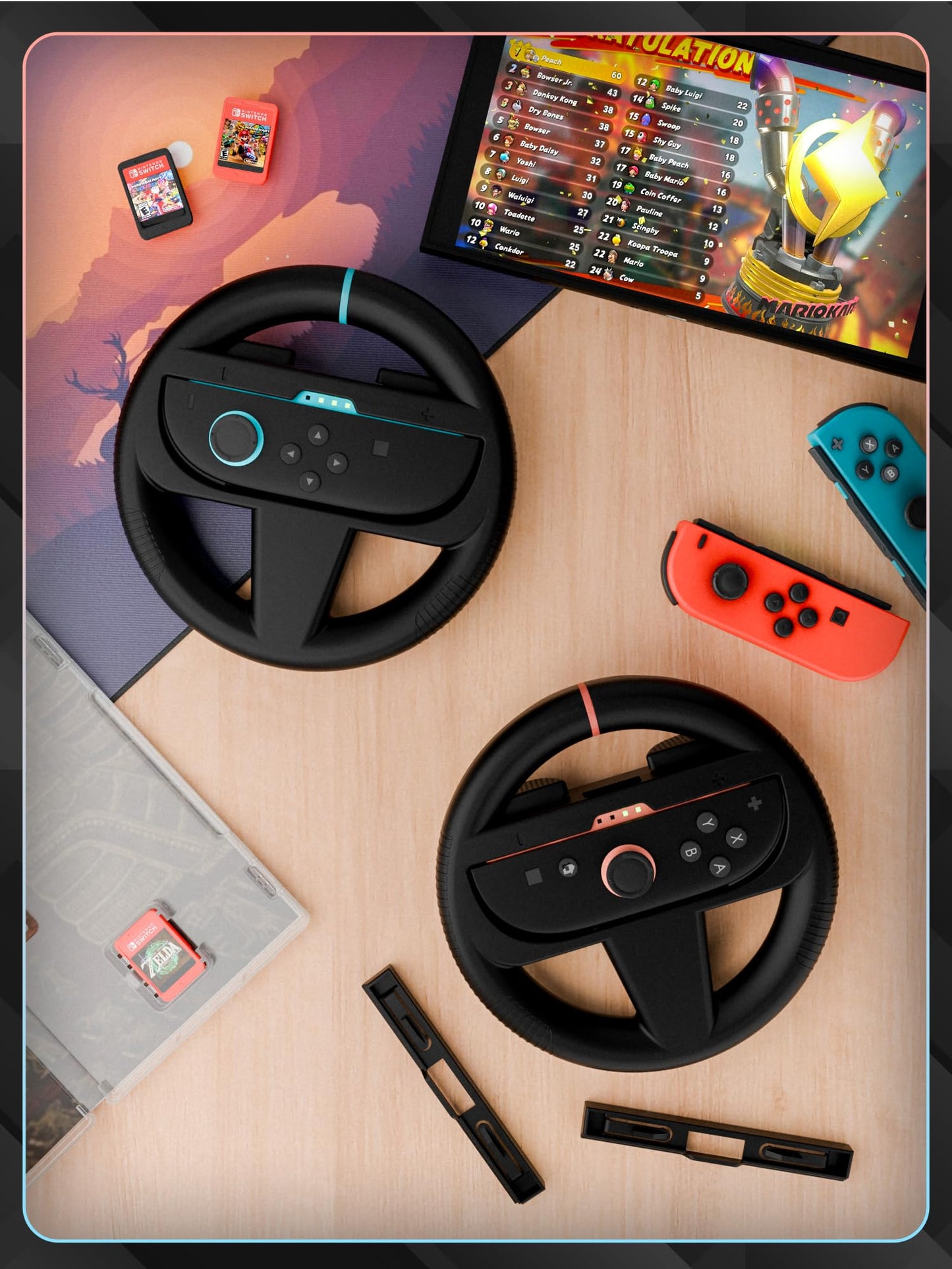 Orzly twin pack of black steering wheels for Nintendo Switch 2, compatible with Joy-Con controllers for kart racing games.