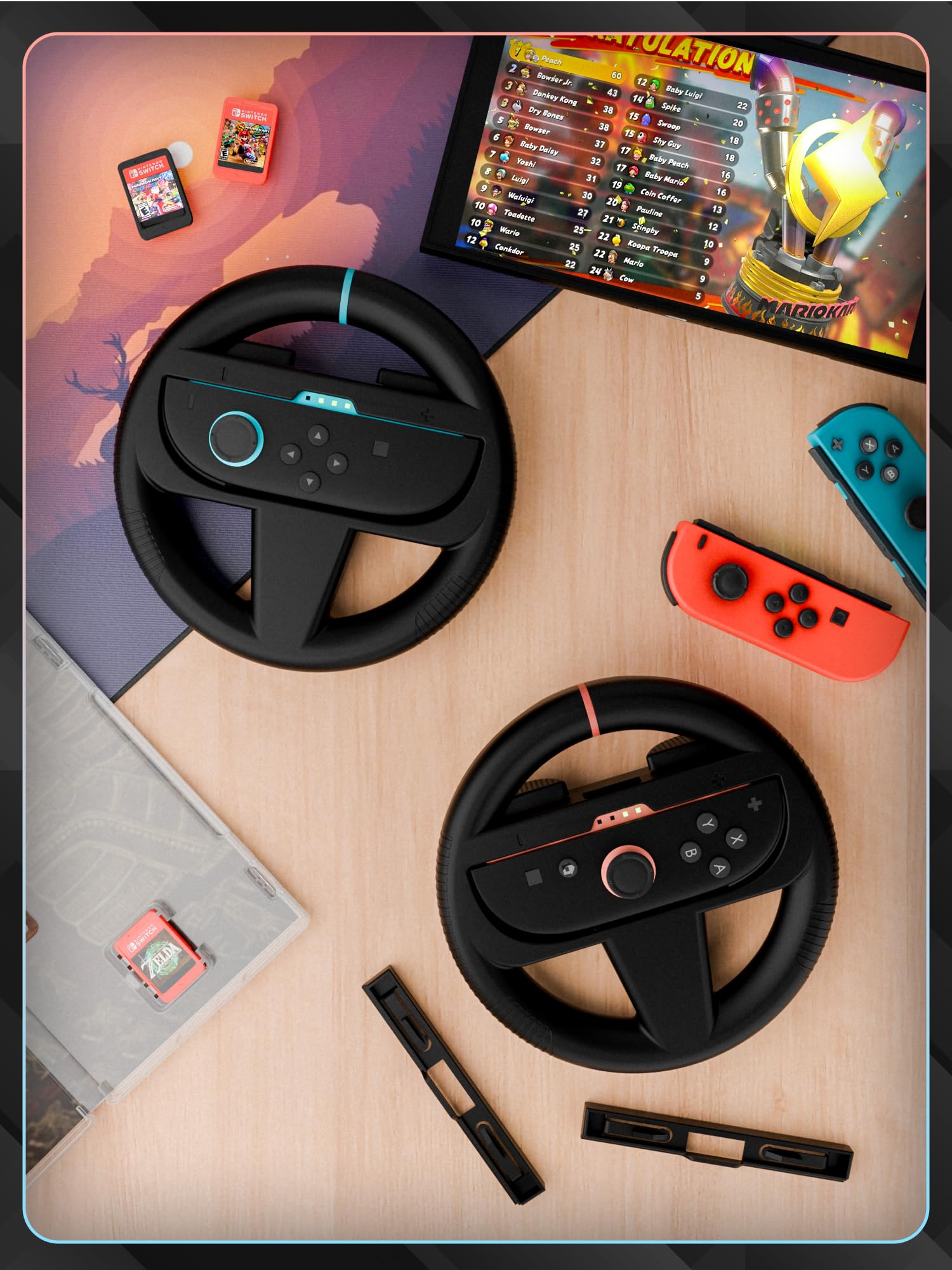 Orzly twin pack of black steering wheels for Nintendo Switch 2, compatible with Joy-Con controllers for kart racing games.