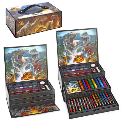 Zawadi Global Jurassic World Kids 52pc Colouring Art Stationery Set with Watercolour Felt Tip Pens Crayons and Pencils Travel Set for Children