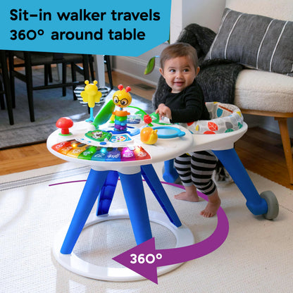 Baby Einstein Around We Grow 4-in-1 walker and activity center with colorful toys and adjustable table for babies 6 months and up.