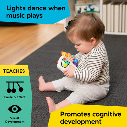 Baby Einstein Take Along Tunes musical toy with lights, beads, volume control, and 10 melodies for early developmental play.