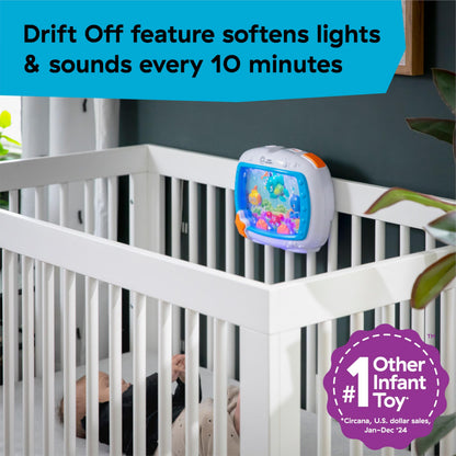 Baby Einstein Sea Dreams Soother crib toy with remote, calming lights, melodies, and sleep aid features for newborns and infants.
