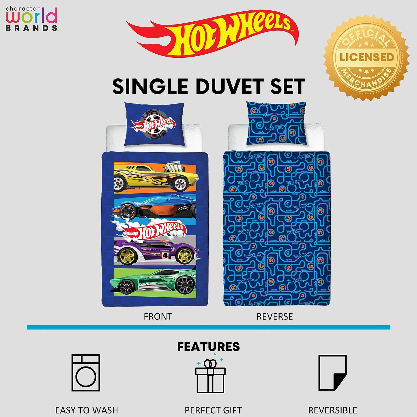 Hot Wheels Officially Licensed Beast Design Single Duvet Cover Set | Reversible 2 Sided Cars Bedding Including Matching Pillow Case | Perfect For Kids Bedroom | Polycotton, Blue