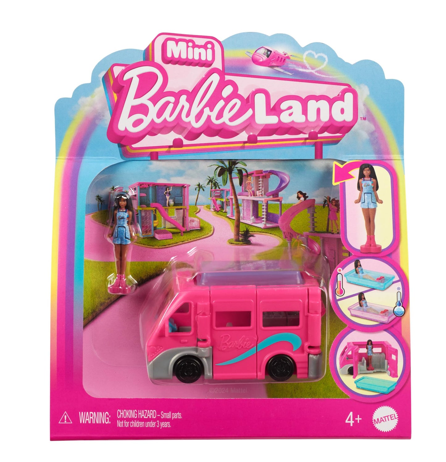 Mini BarbieLand doll set featuring a 1.5-inch Barbie doll, DreamCamper with working doors and a color-change pool.