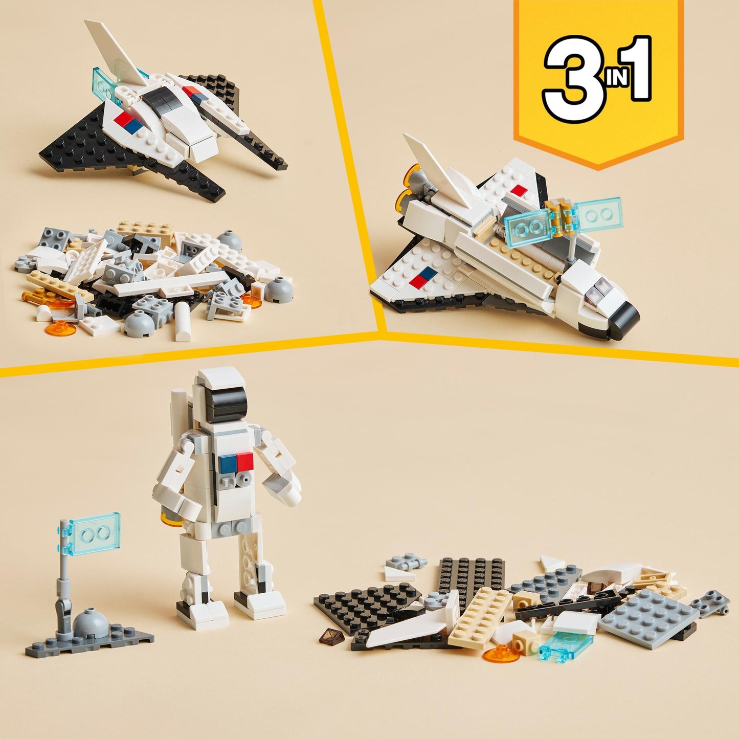 LEGO 31134 Creator 3 in 1 Space Shuttle toy with astronaut figure and spaceship model for imaginative building play.