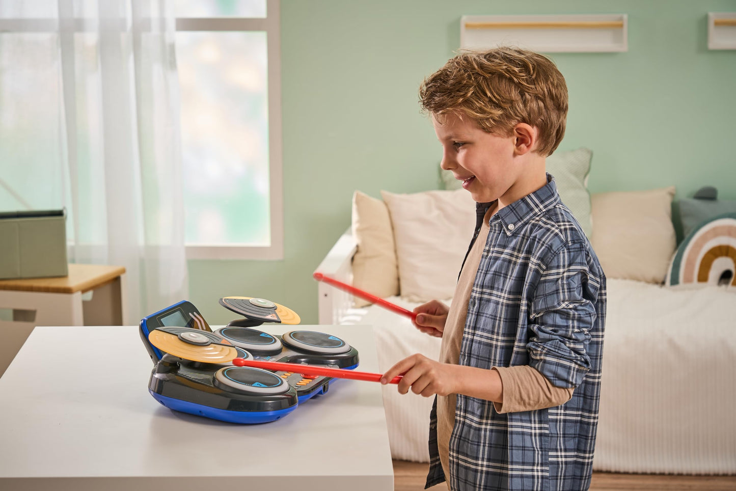 VTech Kidi DJ Drums, Light-up Electronic Drum Kit for Kids, with 4 Drums, 2 Cymbals, Drum Sticks, Bluetooth, Coach Mode and More, Music Toy for Ages 5, 6, 7Plus Years, English Version