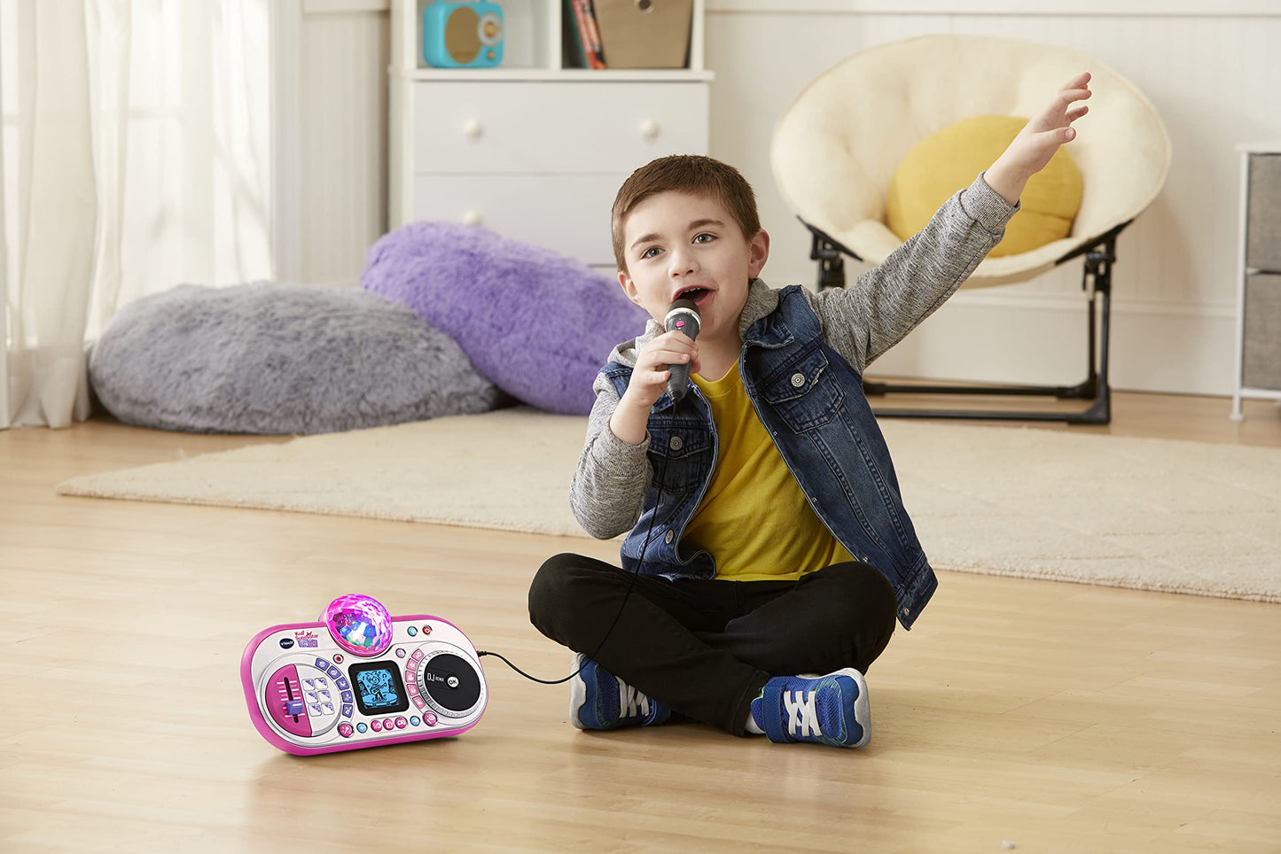 VTech Kidi Super Star DJ kids microphone toy with color-changing disco light, adjustable stand, songs, sound effects, and game features.