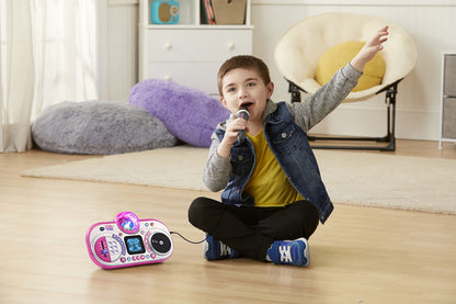 VTech Kidi Super Star DJ kids microphone toy with color-changing disco light, adjustable stand, songs, sound effects, and game features.