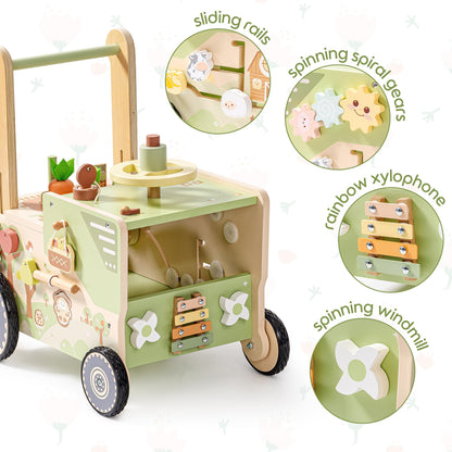 Robud farm-themed wooden baby walker with wheels, adjustable height, designed for 1-2 year old toddlers, Montessori learning toy