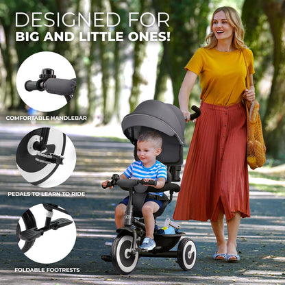 Gray Kinderkraft Aston Tricycle featuring a parent handle, footrest, and accessories for children 9 months to 5 years.