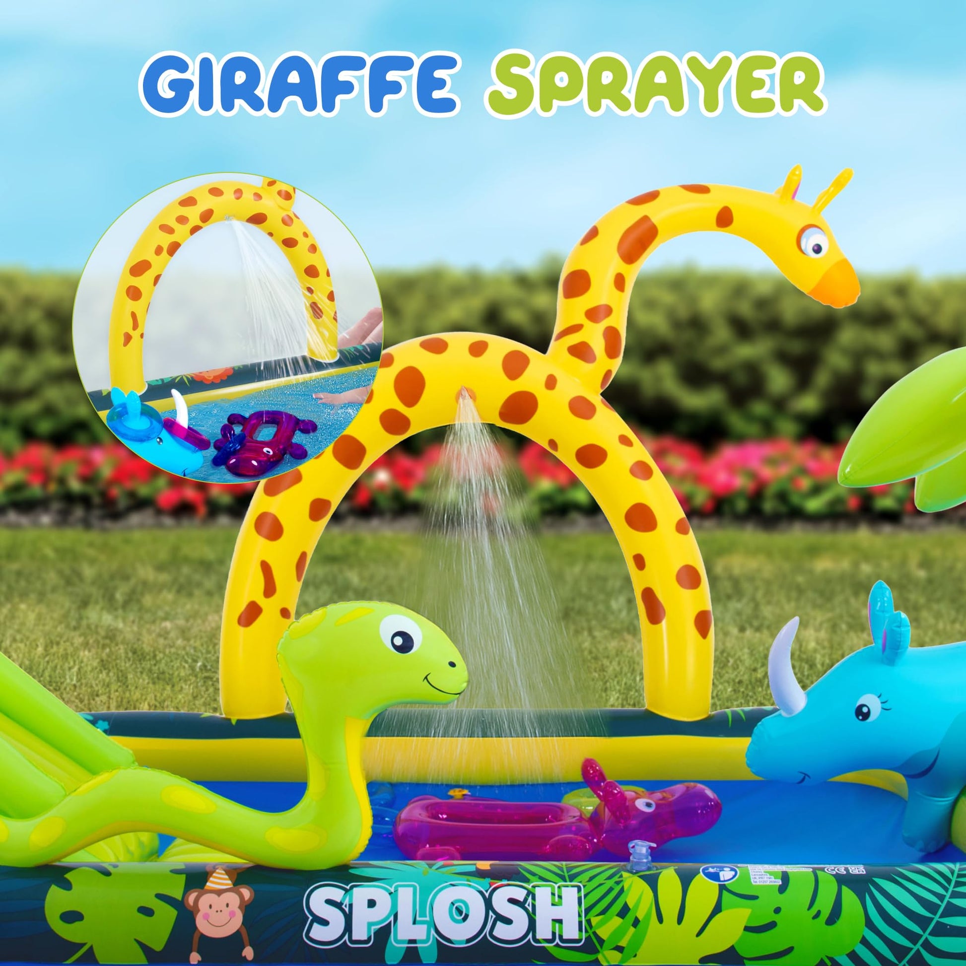 Splosh Jungle Animal Activity Paddling Pool with slide, inflatable ring toss game, for kids age 2-5, 2.6m x 1.9m.