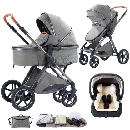 Shineey 3 in 1 Baby Stroller with Height Adjustable Handle,3 in 1 Prams Travel System, Lightweight Foldable Pushchair, Prams with Aluminum Frame for Portable Baby Carriage