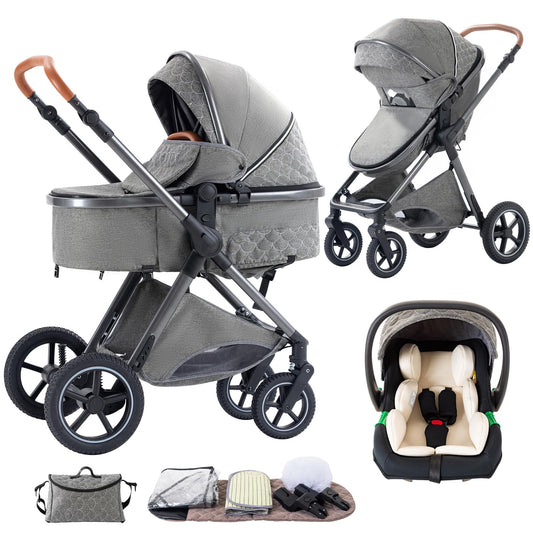 Shineey 3 in 1 Baby Stroller with Height Adjustable Handle,3 in 1 Prams Travel System, Lightweight Foldable Pushchair, Prams with Aluminum Frame for Portable Baby Carriage