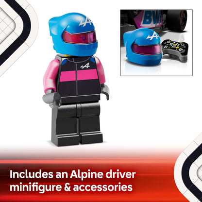 LEGO Speed Champions BWT Alpine F1 Team A524 race car toy with collectible Formula 1 driver minifigure on display.