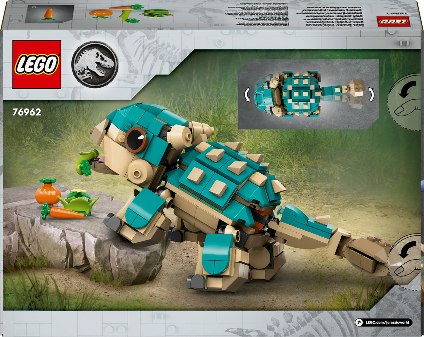 LEGO Jurassic World Baby Bumpy Ankylosaurus dinosaur toy for kids, featuring vibrant colors and movable parts for creative play.