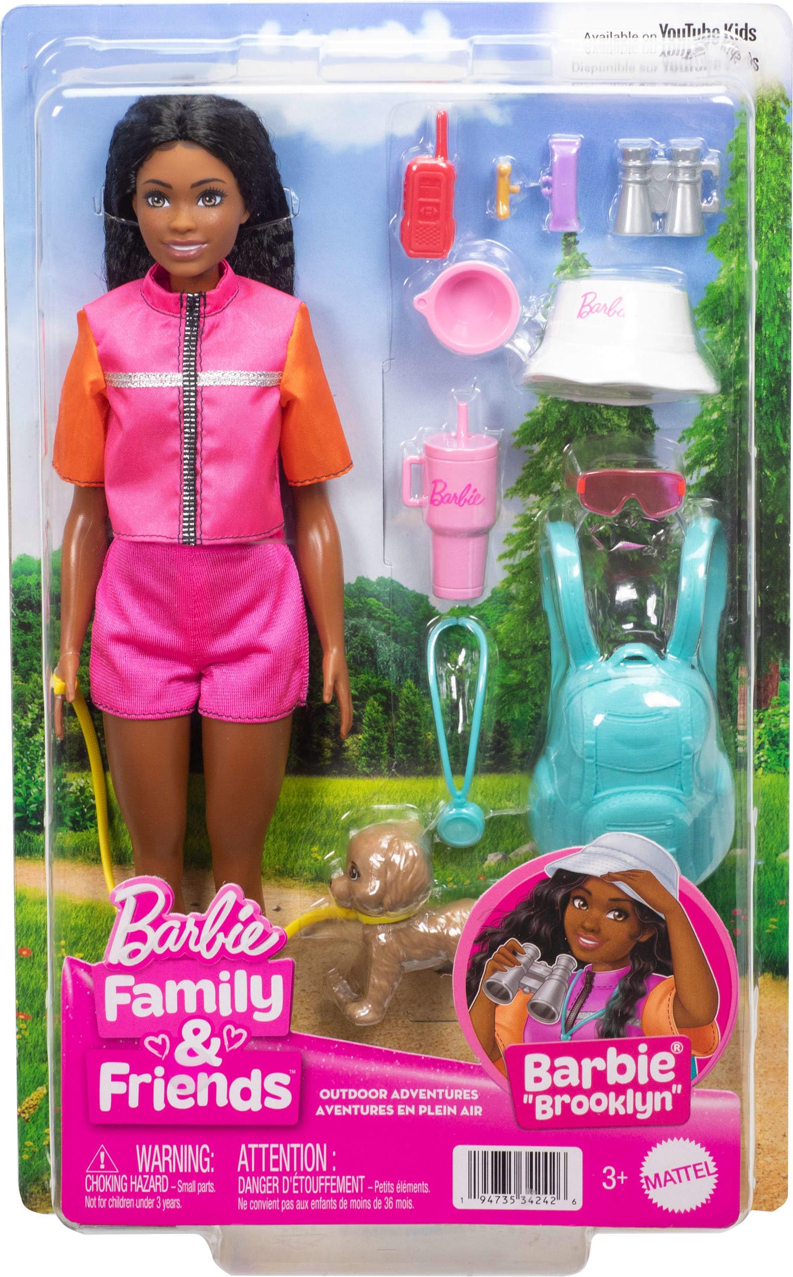 Barbie Brooklyn doll in adventure outfit with camping gear and pet puppy, surrounded by outdoor accessories.