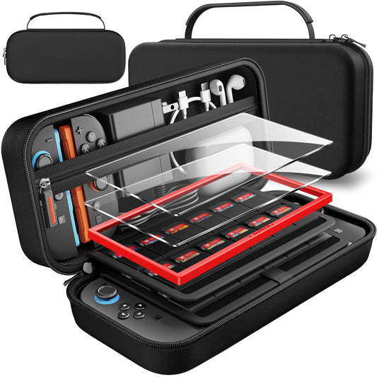 Black daydayup Switch 2 hard travel case with two tempered glass screen protectors and guiding frame for Nintendo Switch 2 console.