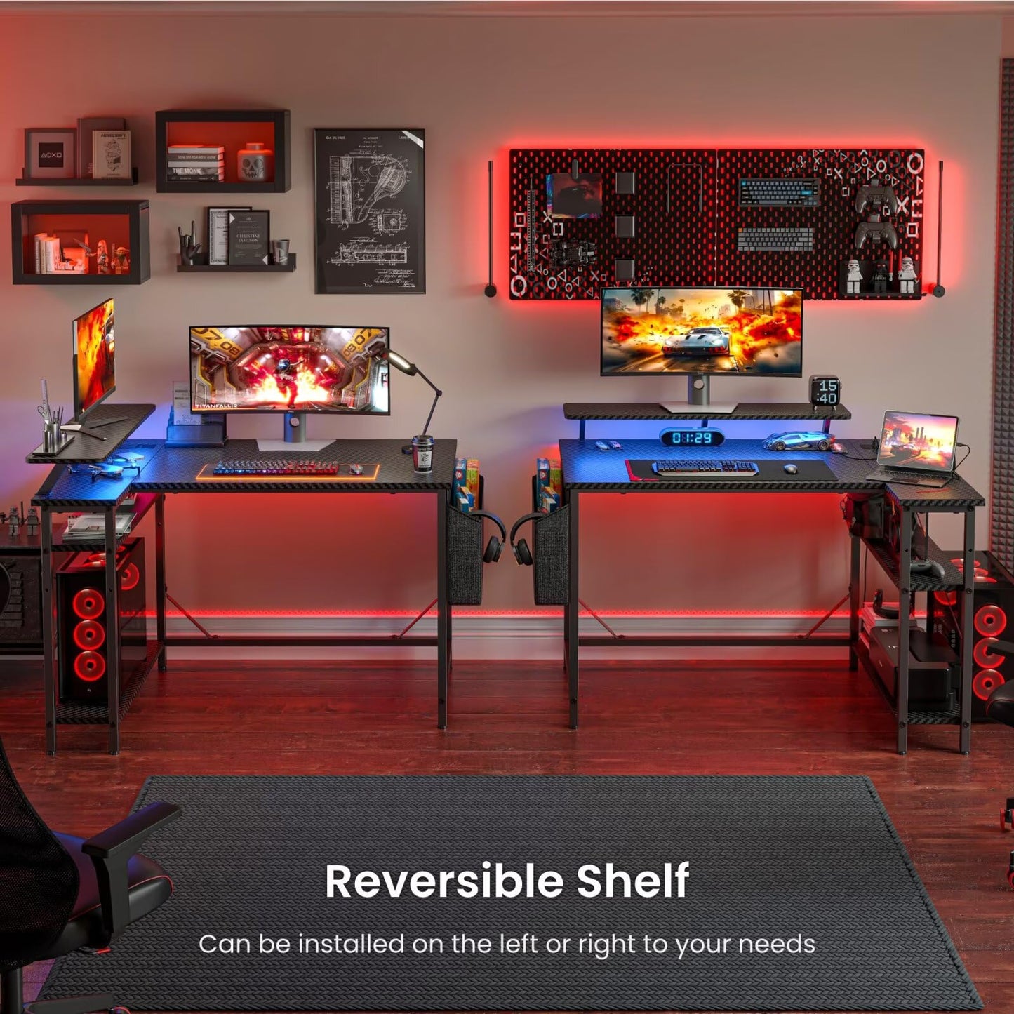 DOMSHOCT L-shaped gaming desk in carbon black with LED lights, power outlets, monitor stand, storage bag, and adjustable shelves.