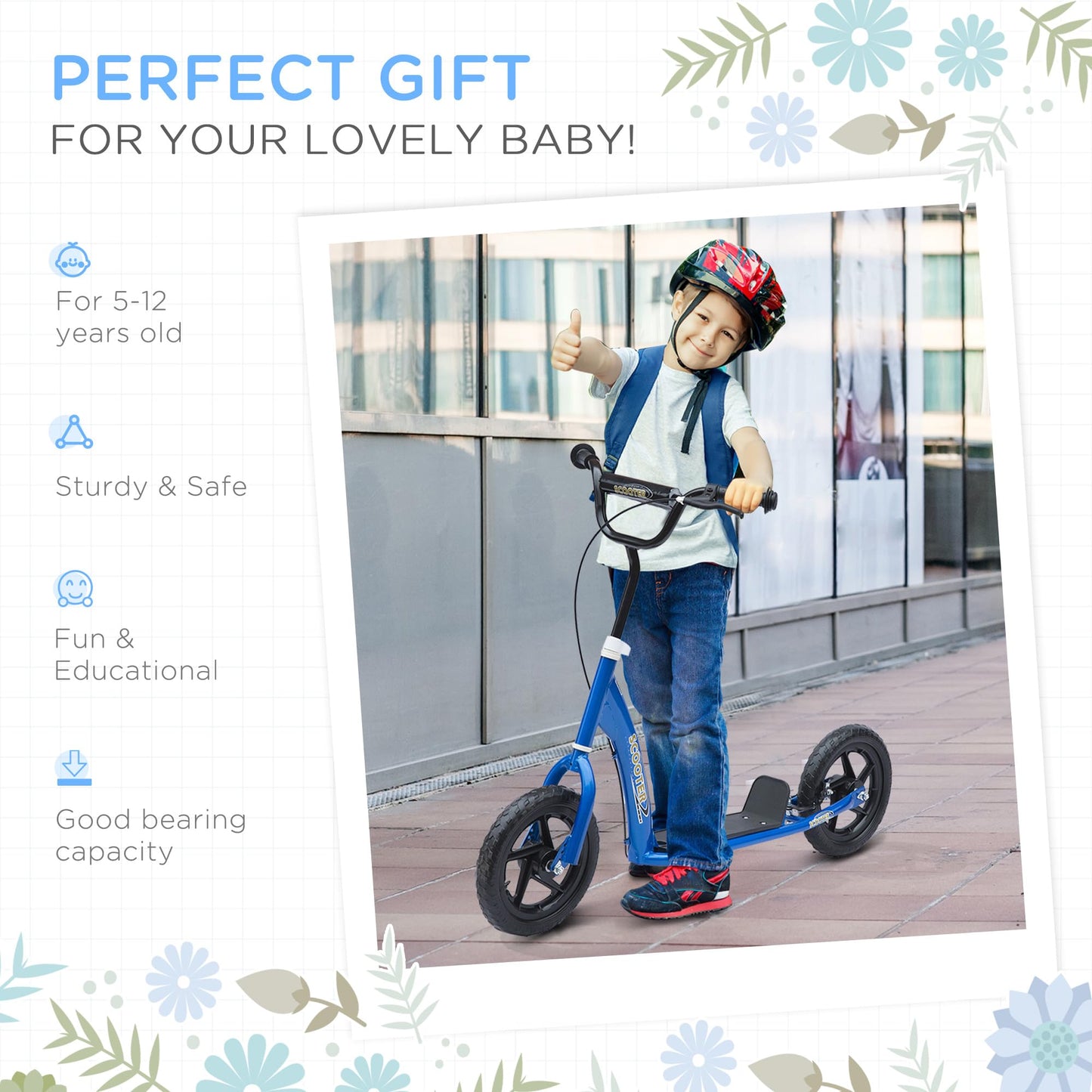 HOMCOM Kids Scooter, Toddler Kick Scooter with Adjustable Handlebar, 12" EVA Tyres, Rear Brake, for Age 5-12 Years, Blue