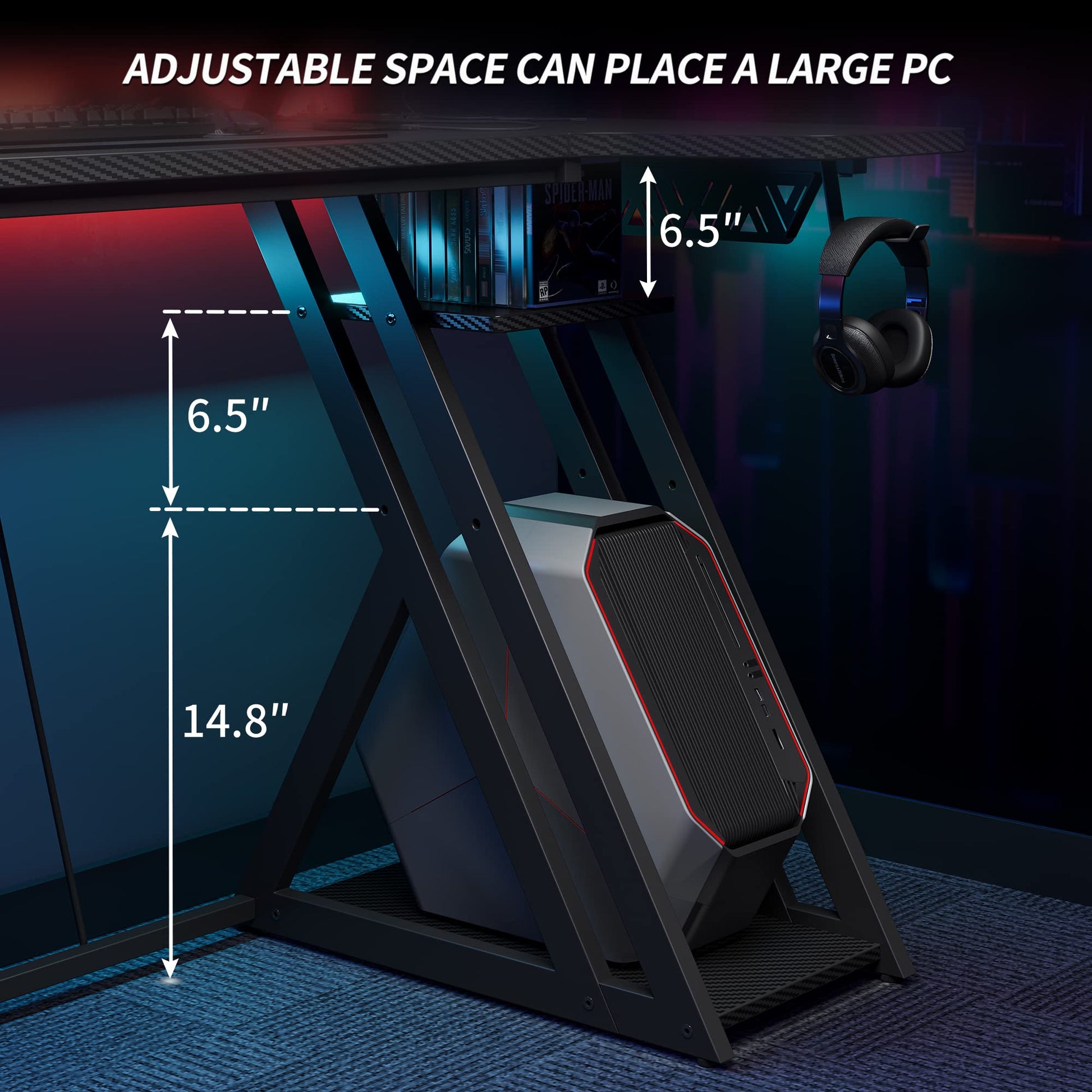 CubiCubi black L-shaped gaming desk with LED lights, monitor stand, shelves, hooks, and integrated power outlets for home office or gaming