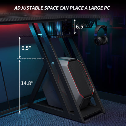 CubiCubi black L-shaped gaming desk with LED lights, monitor stand, shelves, hooks, and integrated power outlets for home office or gaming