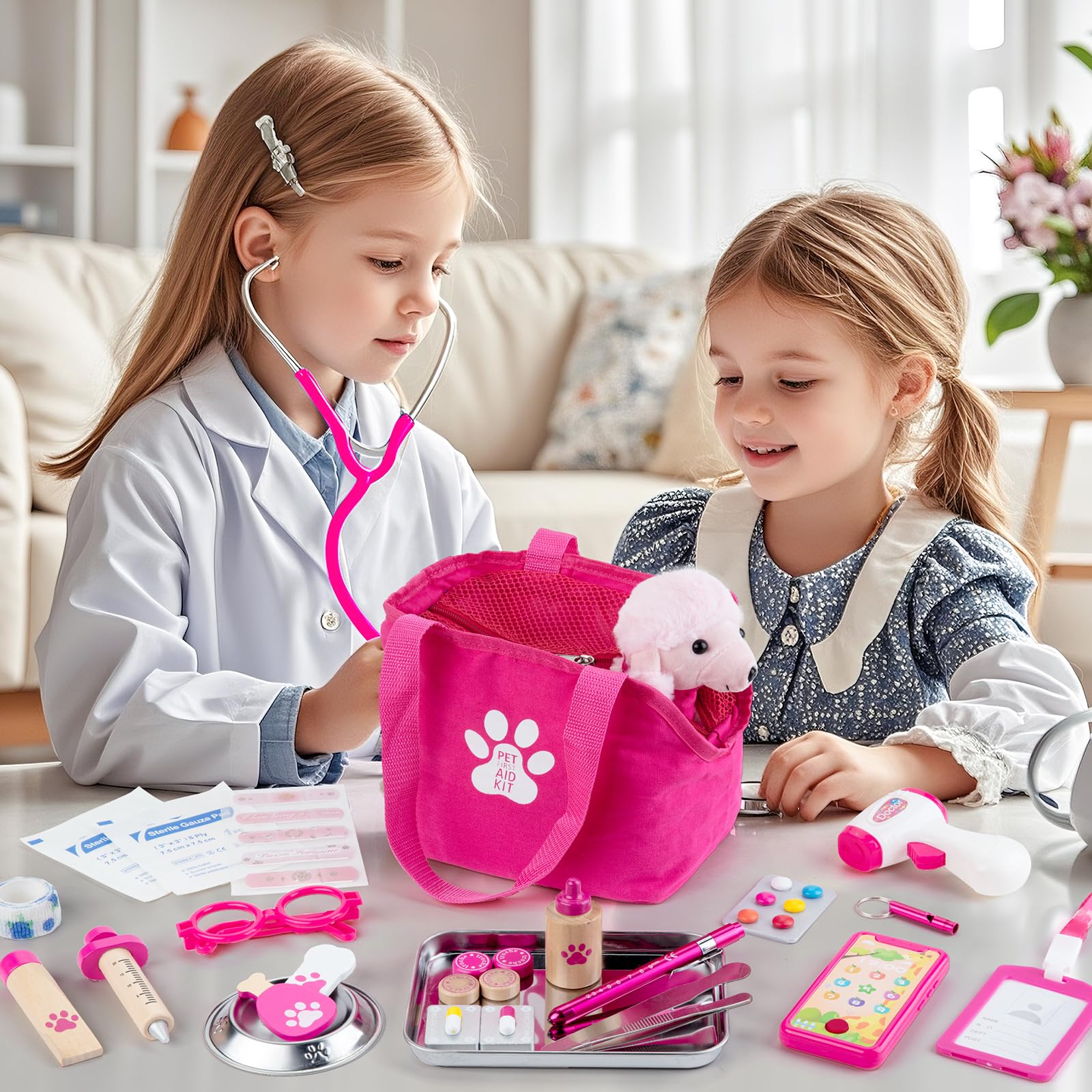 EFO SHM kids doctor set with real stethoscope, plush dog, syringe, and doctor costume for role play medical fun.