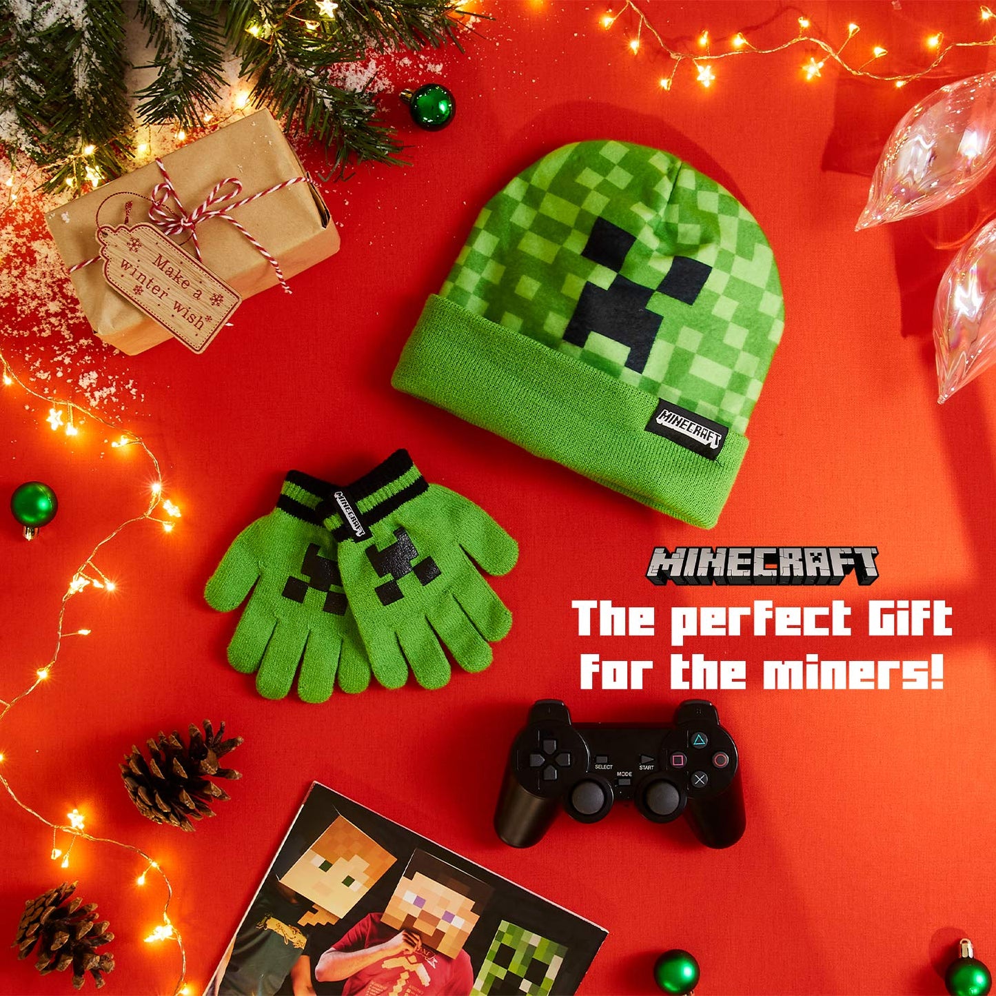 Minecraft Beanie or Winter Accessories Set | 3 Pcs with Scarf & Gloves | 2 Pcs with Gloves | or 1 Pcs Beanie or Bucket Hat (6-14 Years, Green Hat & Gloves)