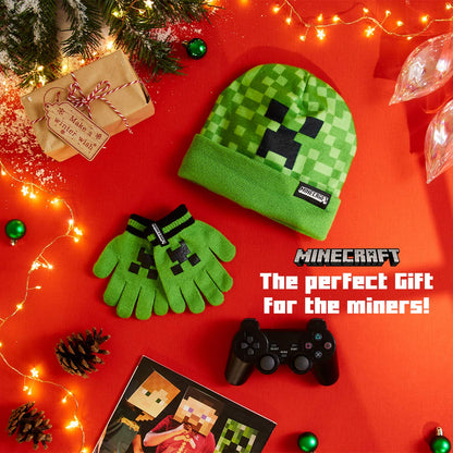 Minecraft Beanie or Winter Accessories Set | 3 Pcs with Scarf & Gloves | 2 Pcs with Gloves | or 1 Pcs Beanie or Bucket Hat (6-14 Years, Green Hat & Gloves)