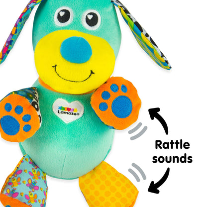 LAMAZE Pupsqueak clip-on plush baby toy for infants 0-6 months, soft sensory toy with squeaker for newborn development.