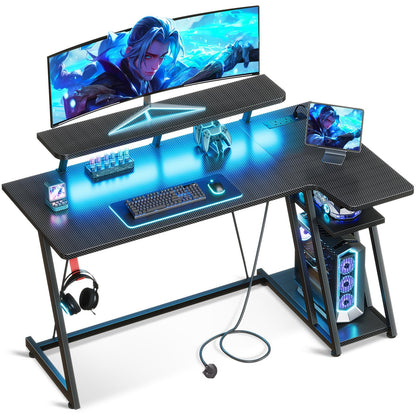 ODK Gaming Desk with LED Lights & Power Outlets, 120CM Computer Desk with Monitor Stand, Corner Desk with Hook & Storage, L Shaped Gaming Desk Carbon Fiber Black