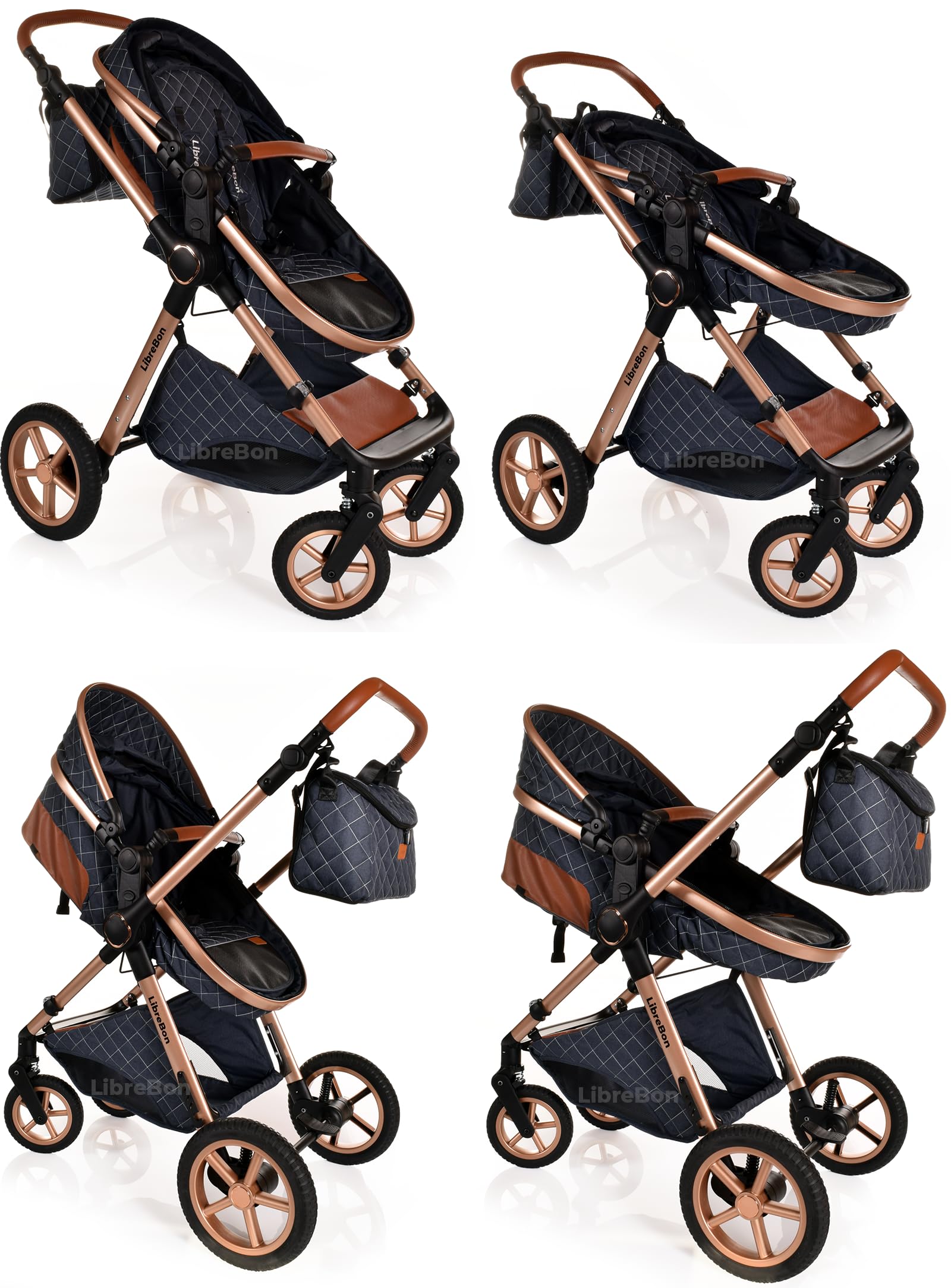 Boneelook 3-in-1 baby buggy pram stroller in blue denim with rose gold frame, lightweight foldable travel system for newborns and toddlers