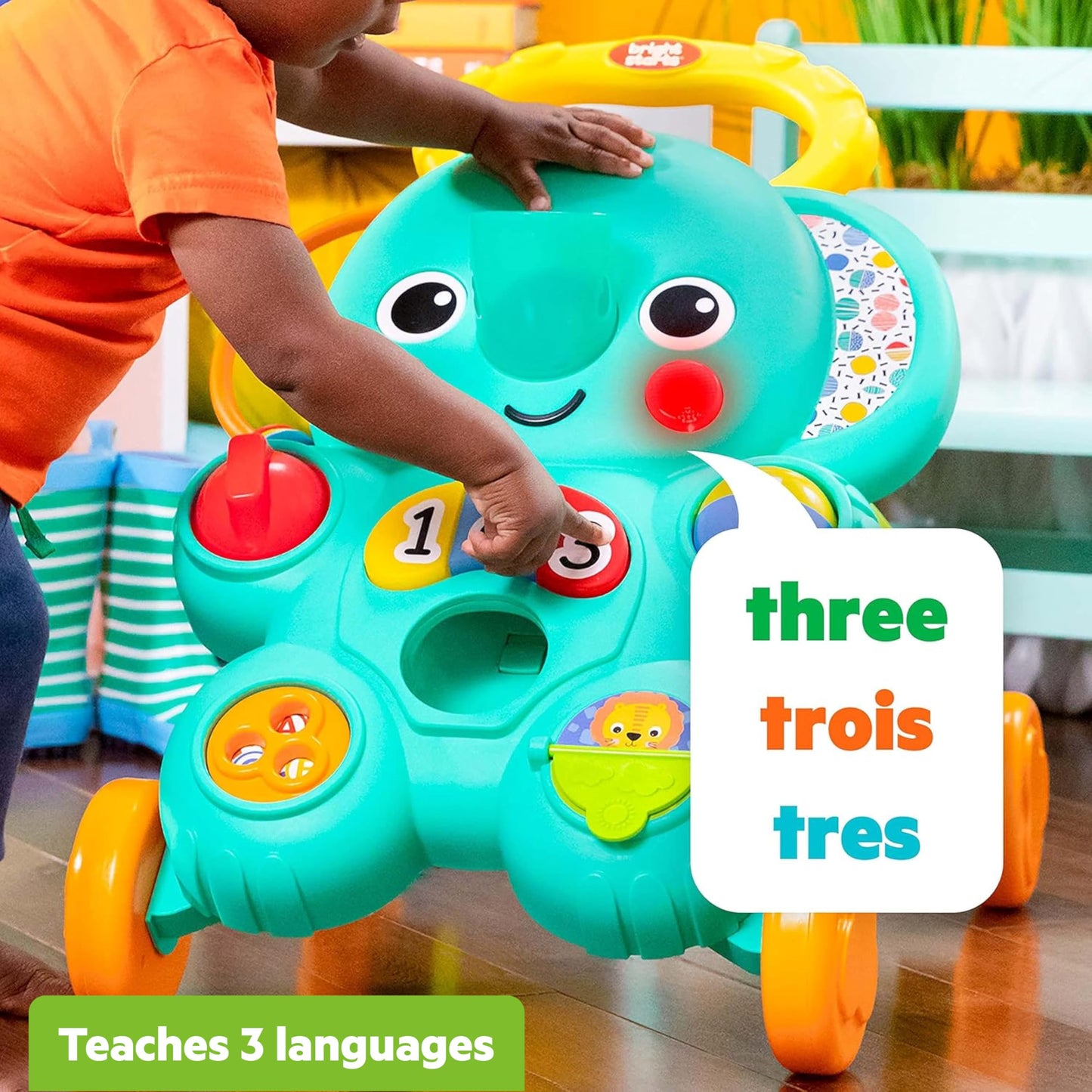 Bright Starts Stroll 'N Roll 2-in-1 elephant baby walker with lights and music, suitable for 6 months+, unisex design.