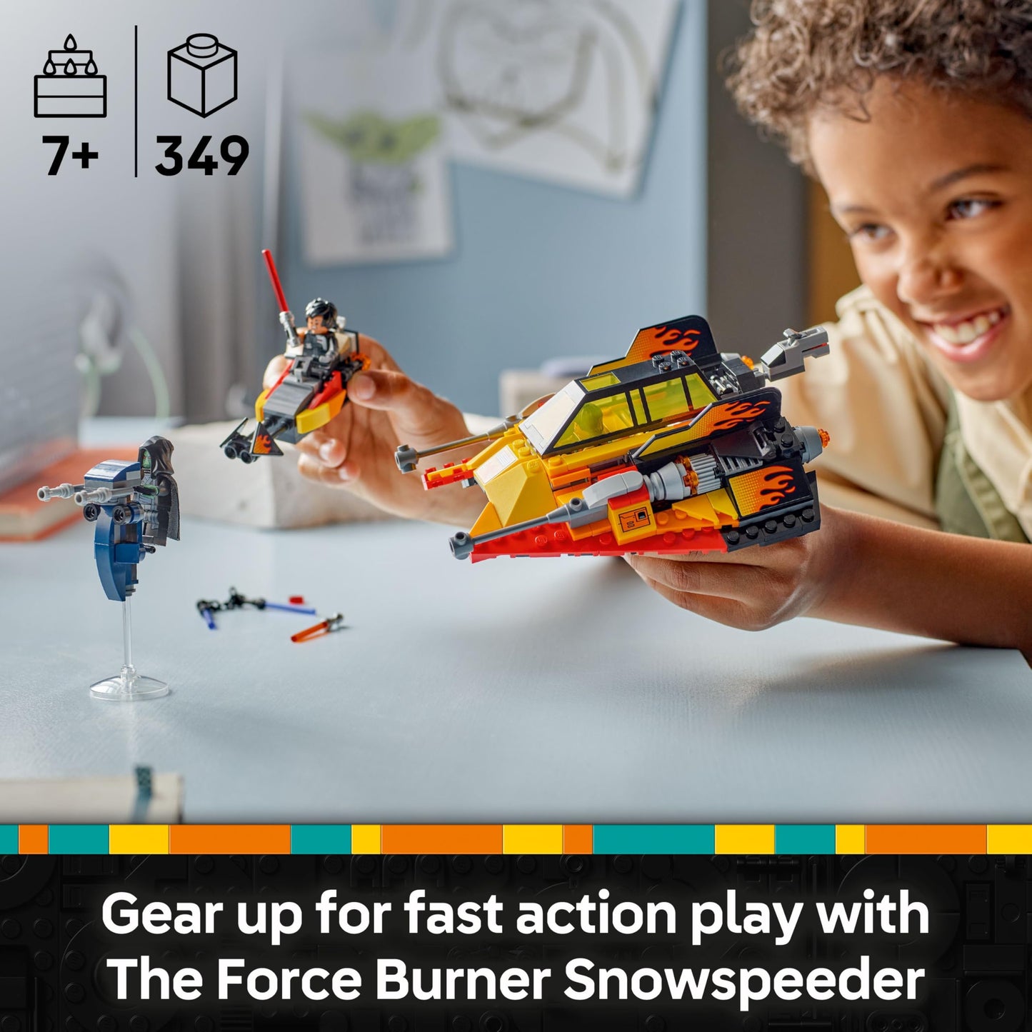 LEGO Star Wars 75414 The Force Burner Snowspeeder set with minifigures and speeder bike, ideal for building and play.