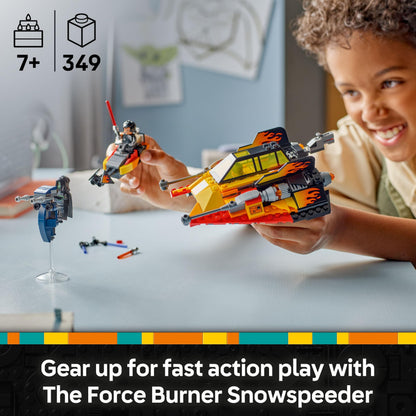 LEGO Star Wars 75414 The Force Burner Snowspeeder set with minifigures and speeder bike, ideal for building and play.