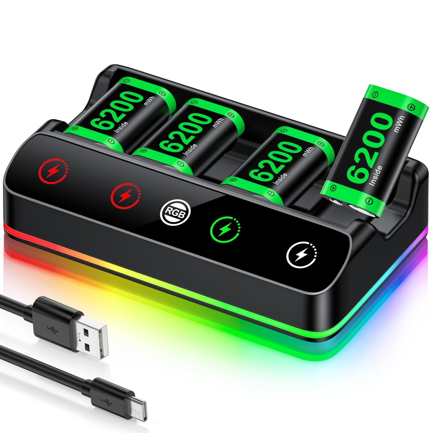 Rechargeable Battery Pack for Xbox One/Series Controller, 4x6200mWh High Capacity Battery Pack with with Charger/Cooling RGB/25H Playtime, Compatible with Xbox One/S/X/Elite 1, Series S/X Controller