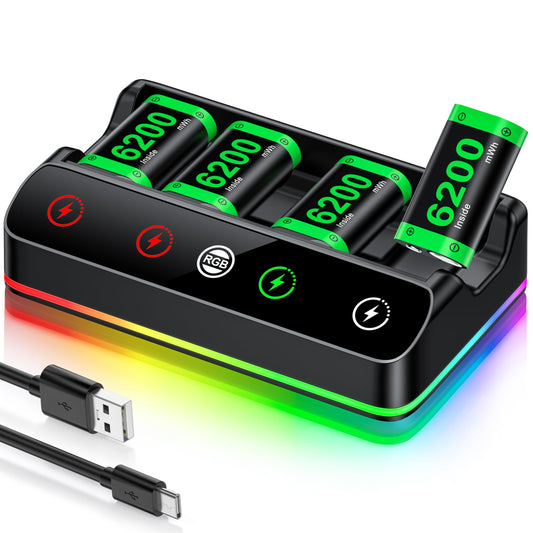 Rechargeable Battery Pack for Xbox One/Series Controller, 4x6200mWh High Capacity Battery Pack with with Charger/Cooling RGB/25H Playtime, Compatible with Xbox One/S/X/Elite 1, Series S/X Controller
