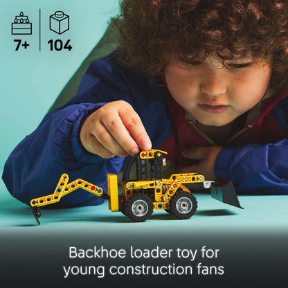 LEGO Technic backhoe loader toy with digging scoop and outriggers, designed for construction play for ages 7 and up.