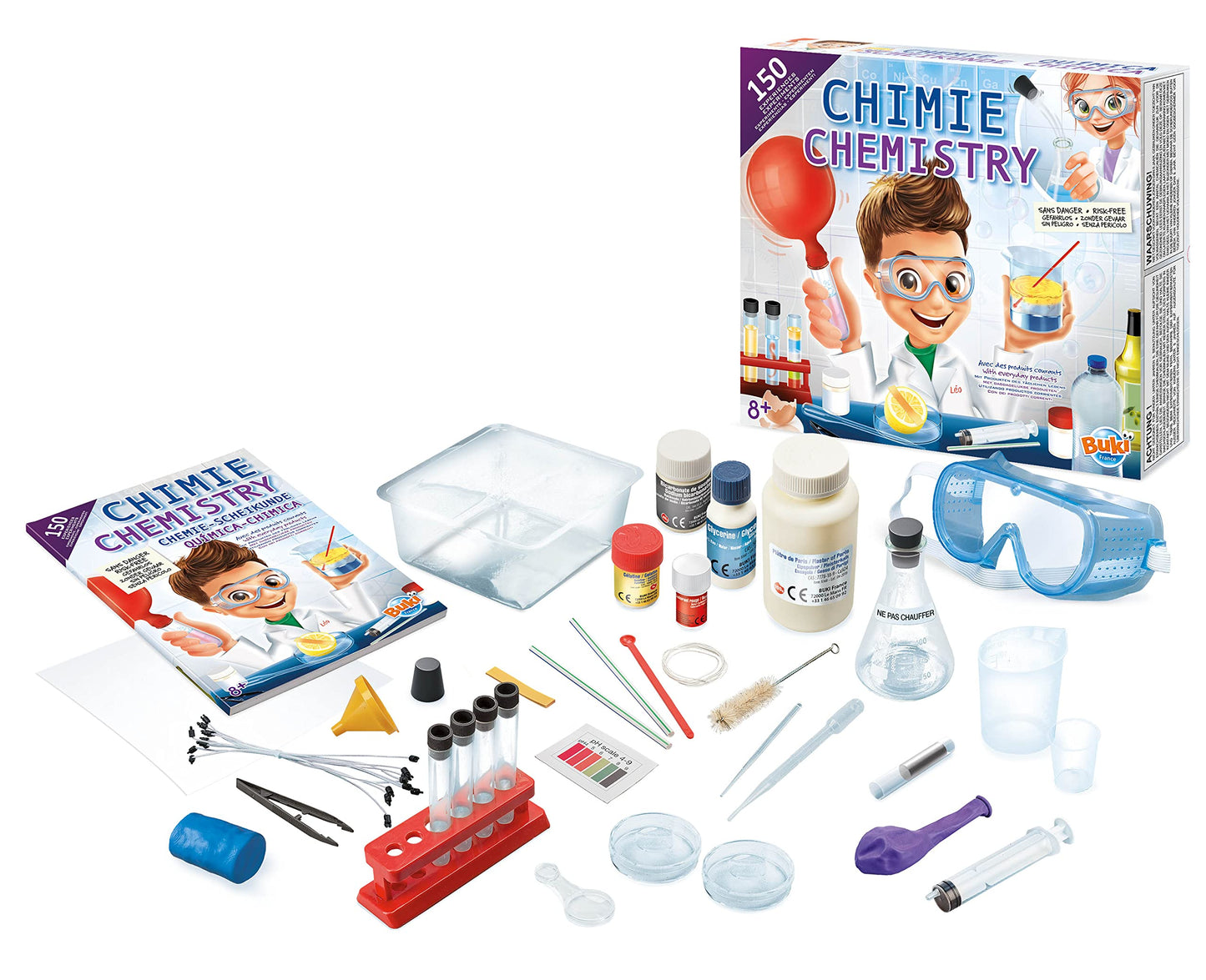 Buki Kids chemistry set with test tubes, goggles, and accessories for safe science experiments using kitchen ingredients for children.